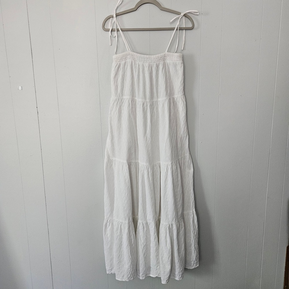 Maxi Dress Womens XS White Tiered Cotton Lined Strappy Sleevless Minimalist